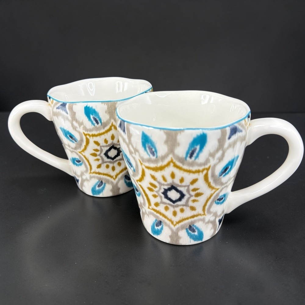 222 Fifth Campana‎ Blue Fine China Coffee Mugs Cups Set of 2 Ikat Boho Wavy Rim